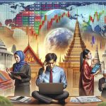 High definition, realistic image illustrating Asian markets displaying notable reactions to global economic changes. May include stock market boards with changing numbers, financial reports in various Asian languages, a proud South Asian businessman analyzing data on a laptop, a Middle Eastern woman trader looking frustrated while examining graphs on a tablet. The backdrop may feature landscapes or landmarks indicative of various Asian countries to represent their diverse markets.