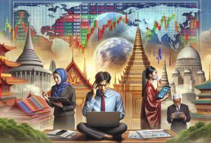 High definition, realistic image illustrating Asian markets displaying notable reactions to global economic changes. May include stock market boards with changing numbers, financial reports in various Asian languages, a proud South Asian businessman analyzing data on a laptop, a Middle Eastern woman trader looking frustrated while examining graphs on a tablet. The backdrop may feature landscapes or landmarks indicative of various Asian countries to represent their diverse markets.