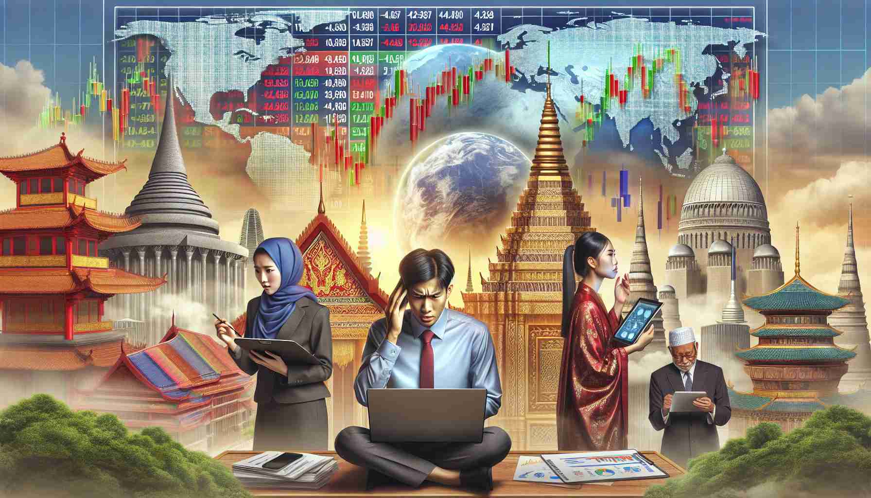 High definition, realistic image illustrating Asian markets displaying notable reactions to global economic changes. May include stock market boards with changing numbers, financial reports in various Asian languages, a proud South Asian businessman analyzing data on a laptop, a Middle Eastern woman trader looking frustrated while examining graphs on a tablet. The backdrop may feature landscapes or landmarks indicative of various Asian countries to represent their diverse markets.