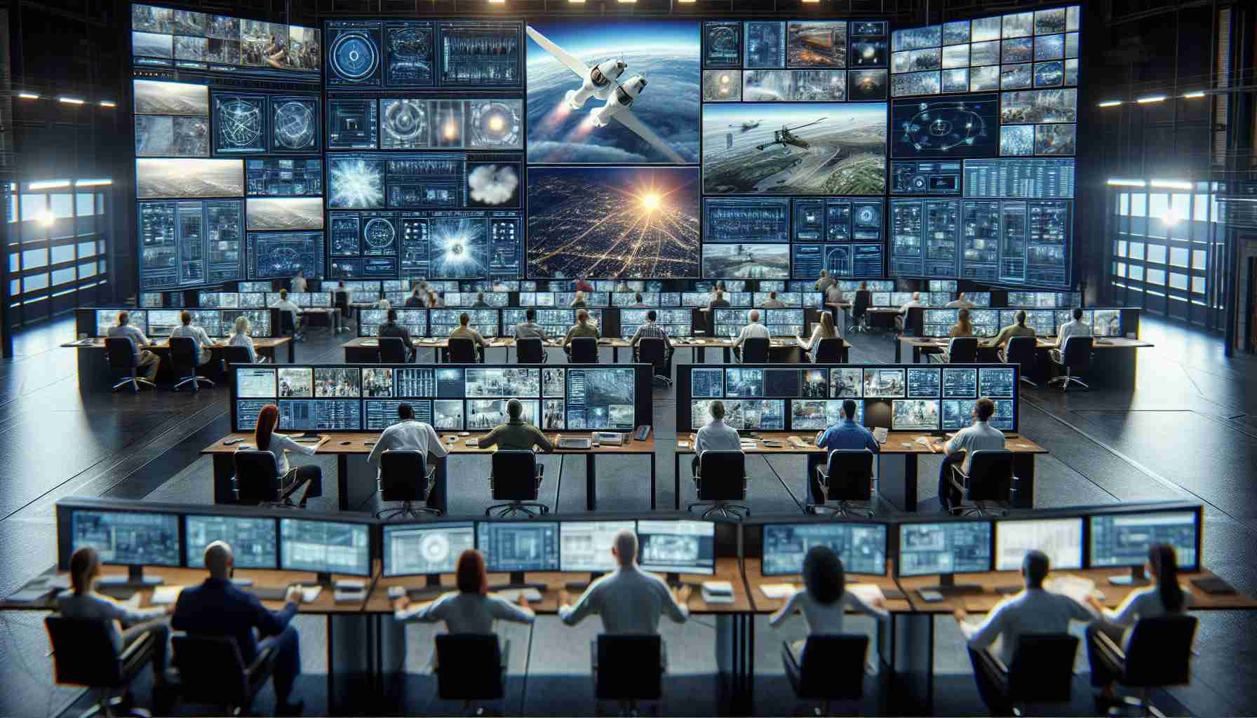 Create a high-definition, highly realistic image showing the implementation of advanced technology for communication during emergencies. The scene includes a state-of-the-art command center beaming with multiple large screens and complex tech equipment. There are several men and women of various descents, such as Caucasian, Hispanic, Black, Middle-Eastern, South Asian, all working diligently. They're involved in various tasks such as watching feeds, directing resources, or working on high-tech communication devices to keep everything running smoothly and ensure the proper relay of critical information during a crisis.