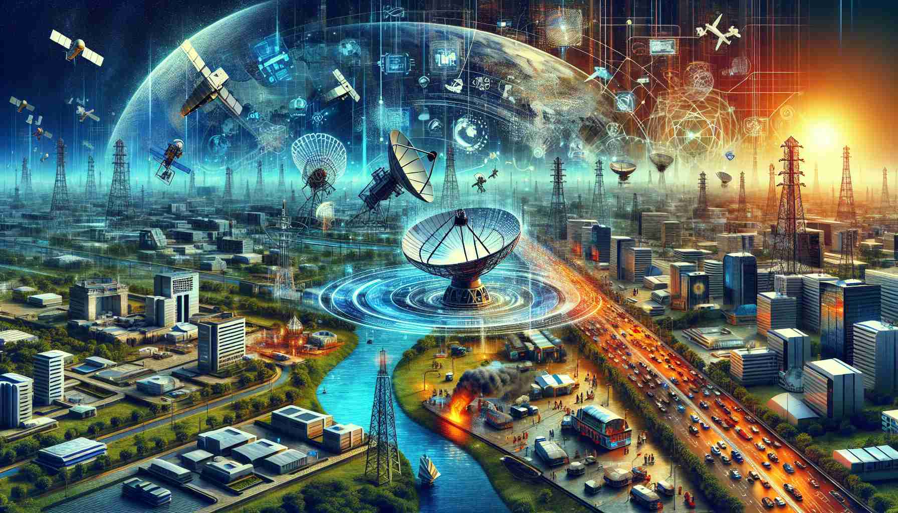 High definition, realistic depiction of the process of revolutionizing satellite service allocation in India. This image should illustrate the dynamic of change, with exciting technological advancements signified through symbolic images or icons. Elements such as satellite imagery, spectrum allocation graphics, and digital maps of India can be included. High-tech hubs in India and the bustling activity related to satellite services can also be portrayed. Include symbolic elements that indicate progress, modernization and innovation. The image should instill a sense of awe at the advancements made in the domain of satellite services in India.