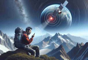 Generate a realistic, high-definition image that visually narrates a scenario where mobile satellite messaging has life-saving capabilities. Feature a dangerous situation in a remote location, perhaps a hiker lost in the mountains. The hiker, a middle-aged, South Asian man, seen trying to communicate to emergency services using his satellite-enabled mobile device. The message represented by a signal emanating from the phone, accentuated by a red distress beacon symbol, pointing towards a satellite orbiting Earth in the distant sky.