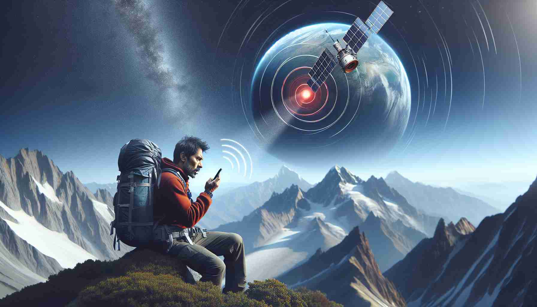 Generate a realistic, high-definition image that visually narrates a scenario where mobile satellite messaging has life-saving capabilities. Feature a dangerous situation in a remote location, perhaps a hiker lost in the mountains. The hiker, a middle-aged, South Asian man, seen trying to communicate to emergency services using his satellite-enabled mobile device. The message represented by a signal emanating from the phone, accentuated by a red distress beacon symbol, pointing towards a satellite orbiting Earth in the distant sky.