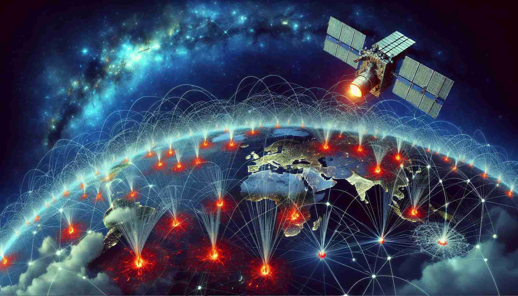 An intricately depicted high-definition image of satellite connectivity playing a crucial role in disaster response efforts. Imagine a global map showing multiple disaster zones, represented by fiery red dots. Across these areas, a web of signals originating from a satellite stationed in space is seen. These signals are represented by streams of bright white data lines, connecting to ground-based communication hubs, depicted as small clusters of antennae. The sky is rendered in a midnight blue with twinkling stars. This image symbolizes the revolution in disaster management through advancements in satellite technology.