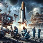 Detailed and vivid image illustrating the new era of space exploration. The scene captures cutting-edge technological innovations in the foreground, specifically a robotic rover readying for launch and a crew of a multi-ethnic men and women including Caucasian, Asian, Hispanic and Black explorers preparing for a space mission. In the background, a rocket stands tall, towering above the crew, its metallic surface reflecting the sun. Further in the backdrop is a vast expanse of star-studded sky, a testament to the infinite frontiers of space. All elements in the image must convey high-resolution realness and fine detail.