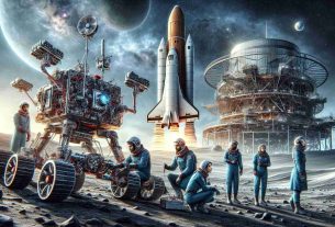 Detailed and vivid image illustrating the new era of space exploration. The scene captures cutting-edge technological innovations in the foreground, specifically a robotic rover readying for launch and a crew of a multi-ethnic men and women including Caucasian, Asian, Hispanic and Black explorers preparing for a space mission. In the background, a rocket stands tall, towering above the crew, its metallic surface reflecting the sun. Further in the backdrop is a vast expanse of star-studded sky, a testament to the infinite frontiers of space. All elements in the image must convey high-resolution realness and fine detail.