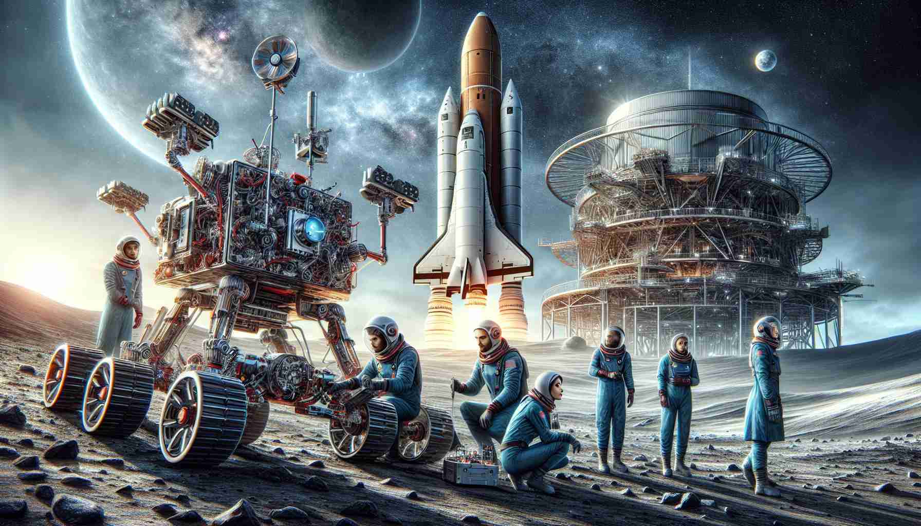 Detailed and vivid image illustrating the new era of space exploration. The scene captures cutting-edge technological innovations in the foreground, specifically a robotic rover readying for launch and a crew of a multi-ethnic men and women including Caucasian, Asian, Hispanic and Black explorers preparing for a space mission. In the background, a rocket stands tall, towering above the crew, its metallic surface reflecting the sun. Further in the backdrop is a vast expanse of star-studded sky, a testament to the infinite frontiers of space. All elements in the image must convey high-resolution realness and fine detail.