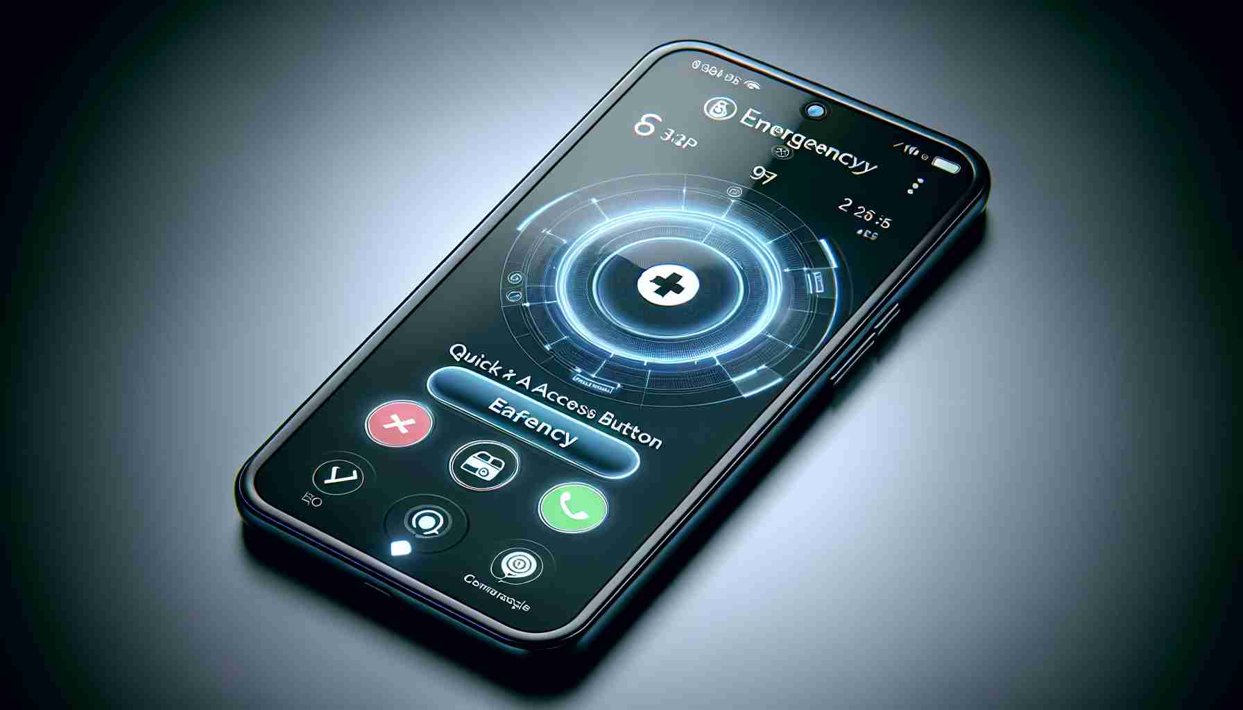 Imagine a high-definition, realistic image of a smartphone demonstrating a safety feature. On the screen of this digital device, a user interface shows a quick access button for contacting emergency services. The button has a prominent place in the interface and is noticeable through its color contrast. The up-to-date aesthetics du jour of the interface indicates the moderness of the device, while clear symbols on the physical phone indicate its readiness to handle such critical situations.