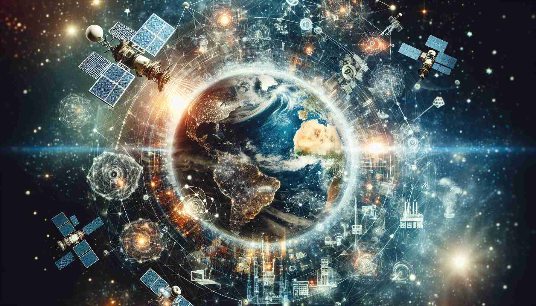 A highly detailed, high-definition image portraying the concept of the future of global connectivity enabled by Satellite IoT. The image should display various symbols of connectivity such as satellites in space, beam of signals connecting different parts of the globe, and abstract representation of internet of things - smart devices, automated factories, smart homes, etc., all interconnected in a harmonious and futuristic aesthetics.