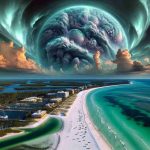 Generate a realistic ultra high definition image depicting a hypothetical scenario of a unique, unprecedented ecological event occurring at Siesta Key beach. The image may include a variety of fauna and flora native to the region reacting to the event, local geography like the famous white sandy beach and azure sea, and atmospheric phenomena such as peculiar sky, weather patterns, or lighting. The image should capture the essence of the event, creating a sense of discovery and surprise.