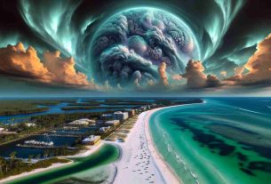 Generate a realistic ultra high definition image depicting a hypothetical scenario of a unique, unprecedented ecological event occurring at Siesta Key beach. The image may include a variety of fauna and flora native to the region reacting to the event, local geography like the famous white sandy beach and azure sea, and atmospheric phenomena such as peculiar sky, weather patterns, or lighting. The image should capture the essence of the event, creating a sense of discovery and surprise.