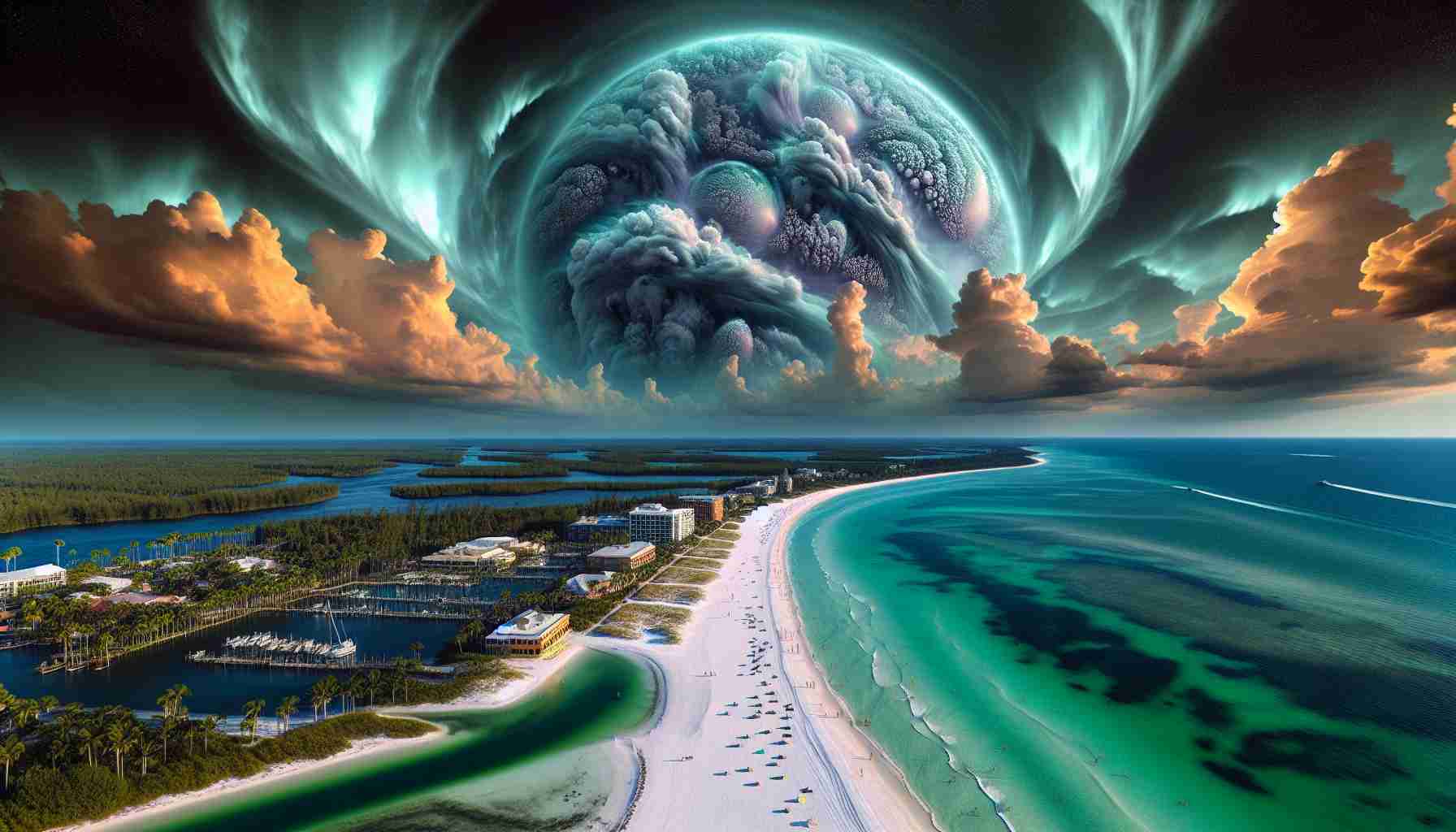 Generate a realistic ultra high definition image depicting a hypothetical scenario of a unique, unprecedented ecological event occurring at Siesta Key beach. The image may include a variety of fauna and flora native to the region reacting to the event, local geography like the famous white sandy beach and azure sea, and atmospheric phenomena such as peculiar sky, weather patterns, or lighting. The image should capture the essence of the event, creating a sense of discovery and surprise.