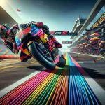 High-definition, realistic image showcasing innovative strategies in a MotoGP racing context. In the foreground, vibrant coloration marks the path of a motorcycle arcing through a challenging turn, highlighting pre-apex and exit strategies. The rider, a black female athlete in a multicolored racing suit adorned with presumed sponsorship patches, balances expertly on the bike. In the background, a state-of-the-art pit struggle ensues, with racially diverse team members rushing to fine-tune a nearby bike's configuration for optimal track performance. It's an intense scene that captures the revolution in MotoGP racing strategies.