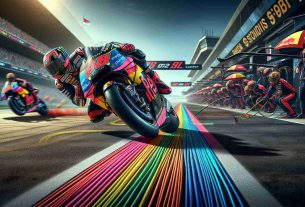 High-definition, realistic image showcasing innovative strategies in a MotoGP racing context. In the foreground, vibrant coloration marks the path of a motorcycle arcing through a challenging turn, highlighting pre-apex and exit strategies. The rider, a black female athlete in a multicolored racing suit adorned with presumed sponsorship patches, balances expertly on the bike. In the background, a state-of-the-art pit struggle ensues, with racially diverse team members rushing to fine-tune a nearby bike's configuration for optimal track performance. It's an intense scene that captures the revolution in MotoGP racing strategies.