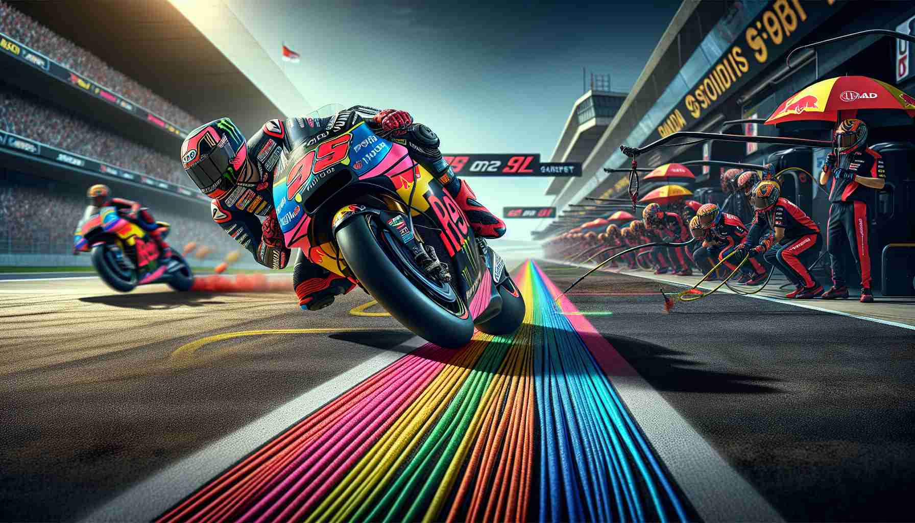 High-definition, realistic image showcasing innovative strategies in a MotoGP racing context. In the foreground, vibrant coloration marks the path of a motorcycle arcing through a challenging turn, highlighting pre-apex and exit strategies. The rider, a black female athlete in a multicolored racing suit adorned with presumed sponsorship patches, balances expertly on the bike. In the background, a state-of-the-art pit struggle ensues, with racially diverse team members rushing to fine-tune a nearby bike's configuration for optimal track performance. It's an intense scene that captures the revolution in MotoGP racing strategies.