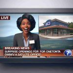 Create a realistic high-definition image of a TV news screen displaying an exciting breaking news headline that reads 'Surprise Opening for Oneonta's DMV Satellite Office!' The screen should show a news anchor enthusiastically delivering the news, the text of the headline appearing at the bottom of the screen, and behind the anchor should be a background image of a DMV office's exterior. The news anchor is a Black woman with a professional hairstyle, in office attire.