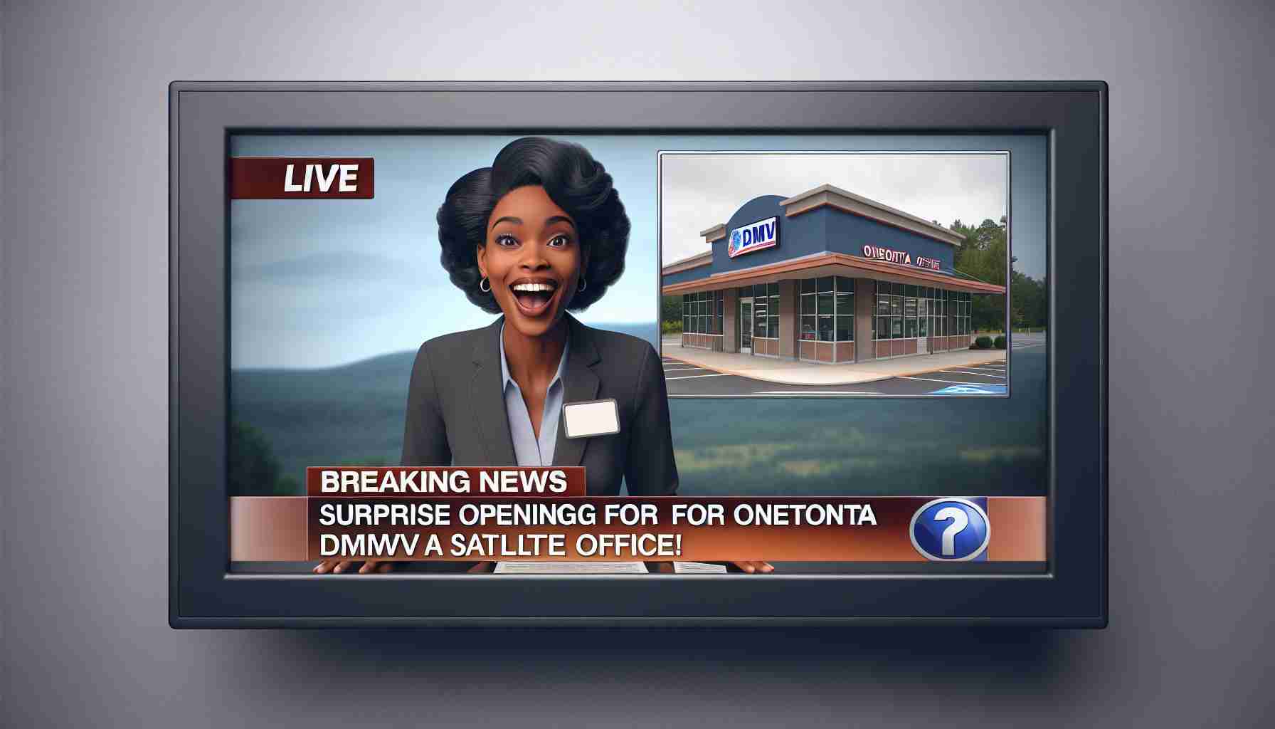 Create a realistic high-definition image of a TV news screen displaying an exciting breaking news headline that reads 'Surprise Opening for Oneonta's DMV Satellite Office!' The screen should show a news anchor enthusiastically delivering the news, the text of the headline appearing at the bottom of the screen, and behind the anchor should be a background image of a DMV office's exterior. The news anchor is a Black woman with a professional hairstyle, in office attire.