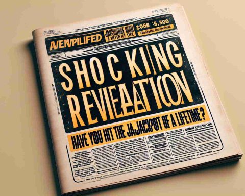 A realistic high-definition image of the text 'Shocking Revelation: Have You Hit the Jackpot of a Lifetime?' The text is designed in a newspaper style headline, with bold and dramatic typography. The color palette of the newsprint is faded yellow tones, with the black typeface looking crisp and prominent. In the background, there are subtle hints of confetti and celebration, but they don't take away from the punchline, which stands out proudly in the center. The overall atmosphere of the image conveys mystery and the exhilarating feel of a life-changing surprise.