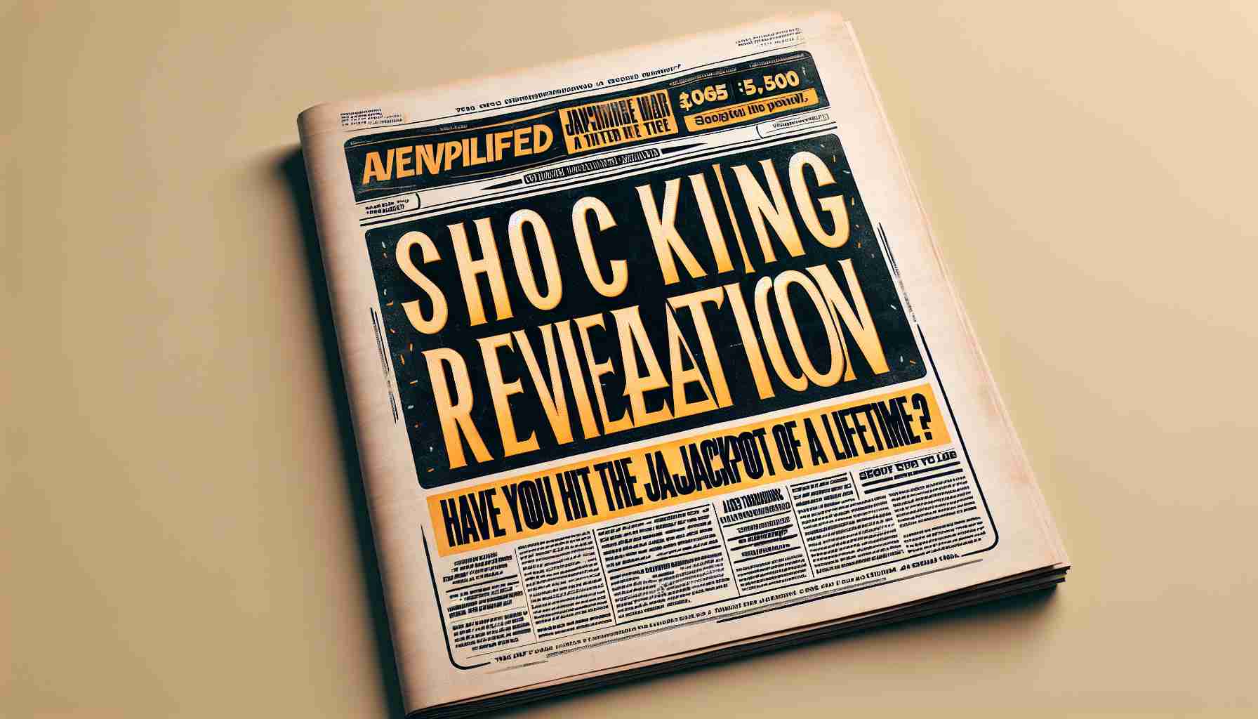 A realistic high-definition image of the text 'Shocking Revelation: Have You Hit the Jackpot of a Lifetime?' The text is designed in a newspaper style headline, with bold and dramatic typography. The color palette of the newsprint is faded yellow tones, with the black typeface looking crisp and prominent. In the background, there are subtle hints of confetti and celebration, but they don't take away from the punchline, which stands out proudly in the center. The overall atmosphere of the image conveys mystery and the exhilarating feel of a life-changing surprise.