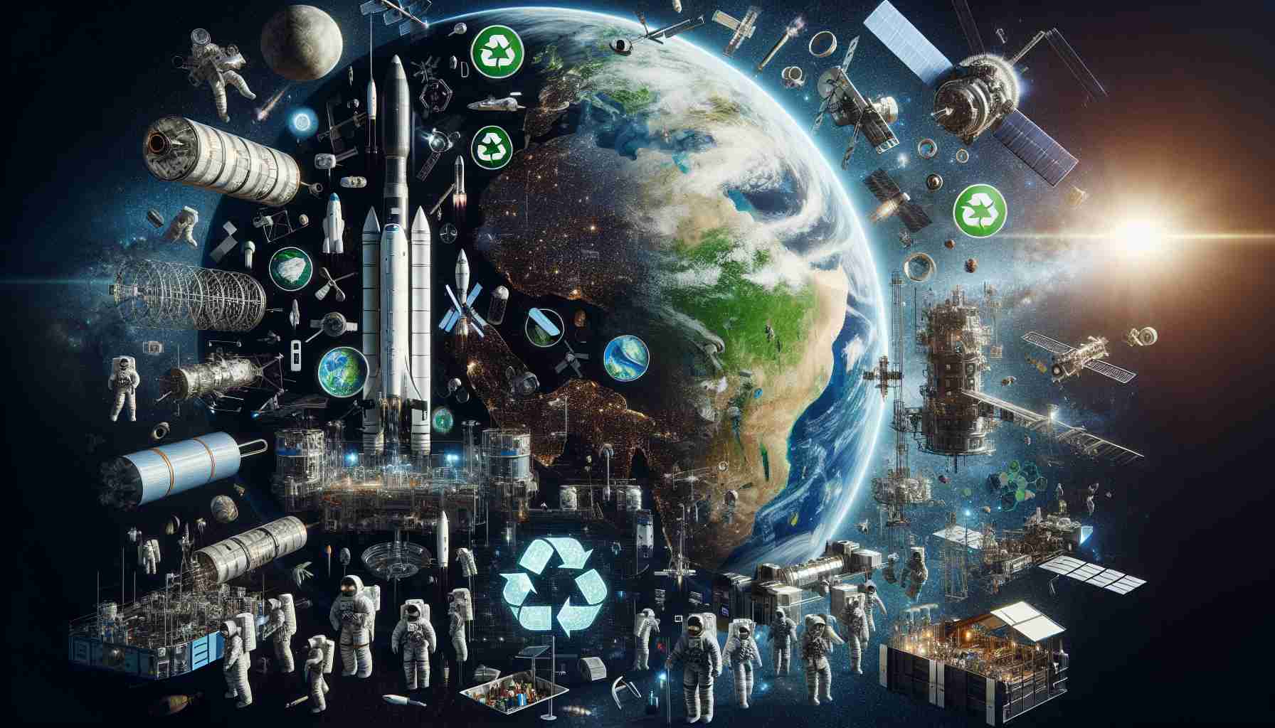 A high-definition, realistic visual representation of guidelines for sustainable space exploration. The image showcases Earth in the background with a variety of space exploration vehicles - reusable rockets, satellites, and space stations - displayed in the forefront. There is also an up-close depiction of astronauts, representing various skin tones, engaged in sustainable activities like recycling materials or powering systems with renewable energy. Prominent but non-branded symbols for sustainability, like green energy logos and recycling signs, can be seen embedded within the imagery. The universe's vast starscape forms the backdrop to this engaging scene.