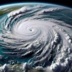 Generate a high-definition, realistic representation of an impressive tropical storm, named Oscar, forming near Southeast Bahamas. The depiction should capture the powerful, swirling clouds and ocean waves, revealing the enormity and intensity of the storm.