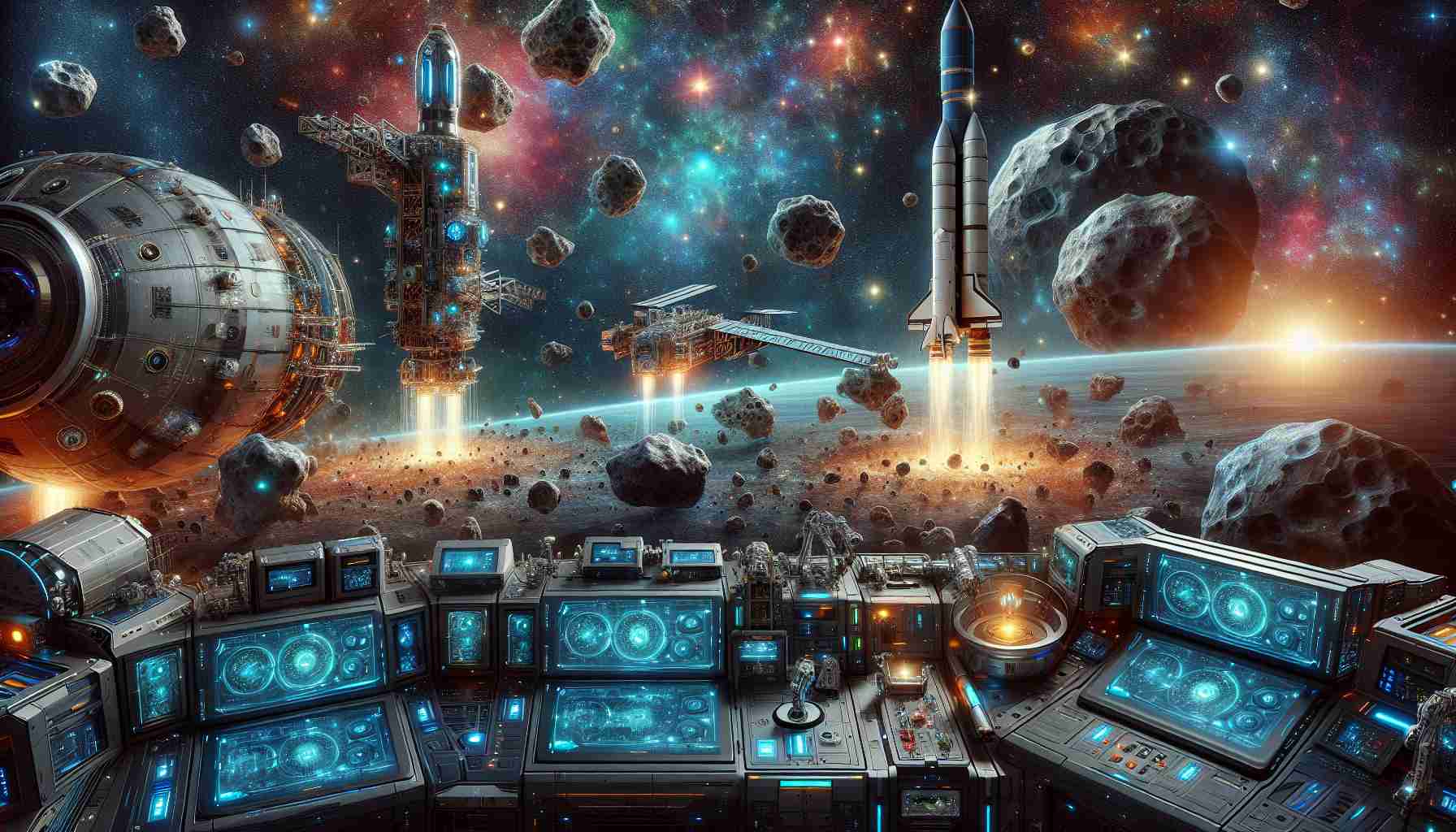 A high resolution, realistic image depicting the revolution of space exploration through cutting-edge technology. This includes advanced spacecrafts with sleek designs and futuristic control panels filled with glowing, touch screen interfaces. These vessels are launched by powerful rockets into the deep cosmos. Surrounding the scene, asteroids and stars are captured in vibrant detail, creating a stunning spectacle of the vast, mysterious space. Robotic arms and other automated systems conduct scientific tasks, adding to the layer of sophistication. This image represents a leap in mankind's quest to explore the universe.