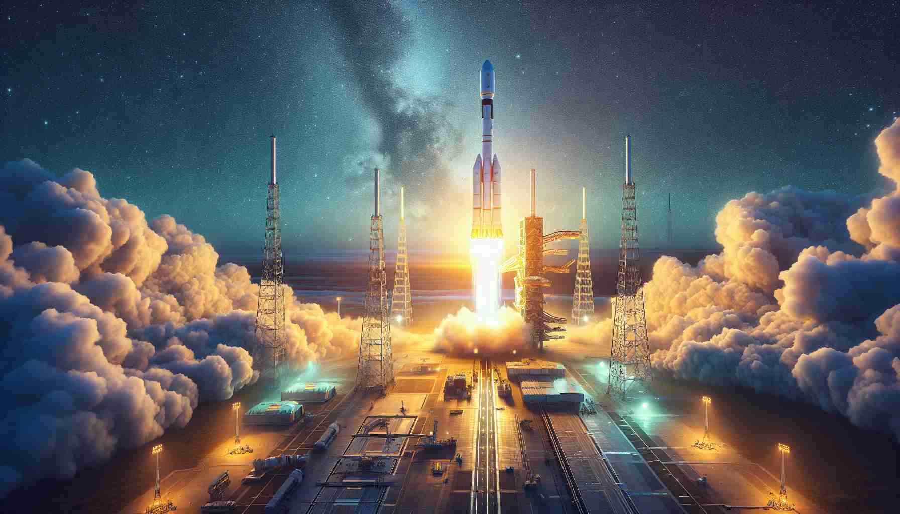 High-definition, realistic illustration of a new generation satellite communication network launched by a private aerospace manufacturer and space transportation company. Show the scene in vivid detail, with the rocket surging up into the brilliantly lit sky, trailing a column of white smoke. Capture the logistics and infrastructure involved in the process on the ground, including launch pads, support staff, and intricate machinery. Evening measurements should apply for the scene to strike an appropriate balance between the radiating sunshine and the awakening stars.