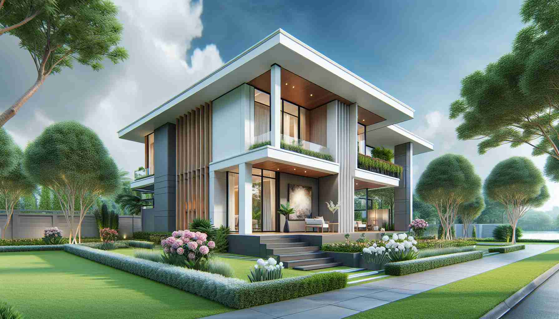 Create a highly-detailed realistic image of a house embodying modern elegance. The house should carry timeless beauty in its design. Specifically, the house should have a minimalist architectural structure, exuding class and luxury. The exterior should be defined by clean lines and sleek materials, using a colour scheme that harmonizes with nature. Surrounding the home should be a well-manicured landscape, with flowering plants along the walkway and a lush green lawn. The image should give the sense of tranquility and grace that one might feel when looking at a beautiful, serene painting.