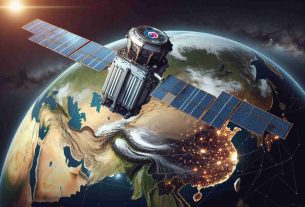 Illustration of a south Korean satellite in space with a high-definition realistic style. The satellite has large solar panels extended and its instruments pointed toward the globe. The view from the satellite shows a map of Eastern Europe where certain highlighted elements suggest unusual military movement. Make sure to show real-time data points and movement patterns superimposed on the geographical contour. There are no people in this scene, only technology and geographical elements.