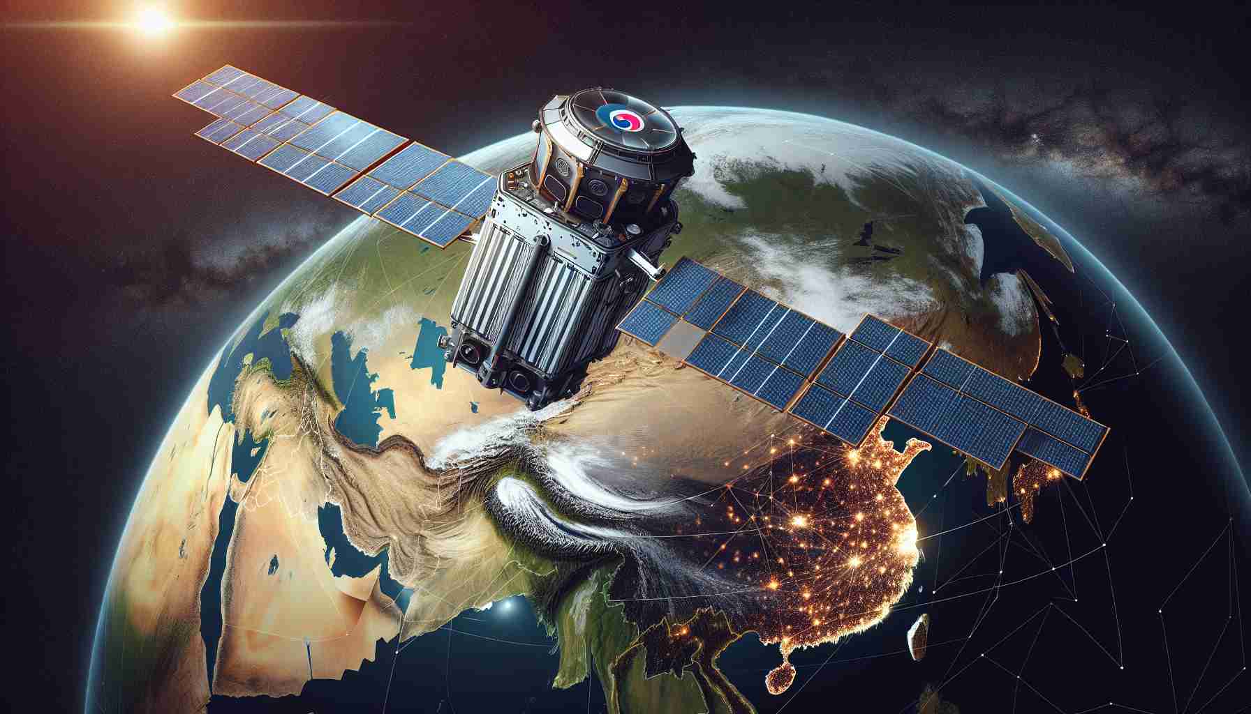 Illustration of a south Korean satellite in space with a high-definition realistic style. The satellite has large solar panels extended and its instruments pointed toward the globe. The view from the satellite shows a map of Eastern Europe where certain highlighted elements suggest unusual military movement. Make sure to show real-time data points and movement patterns superimposed on the geographical contour. There are no people in this scene, only technology and geographical elements.