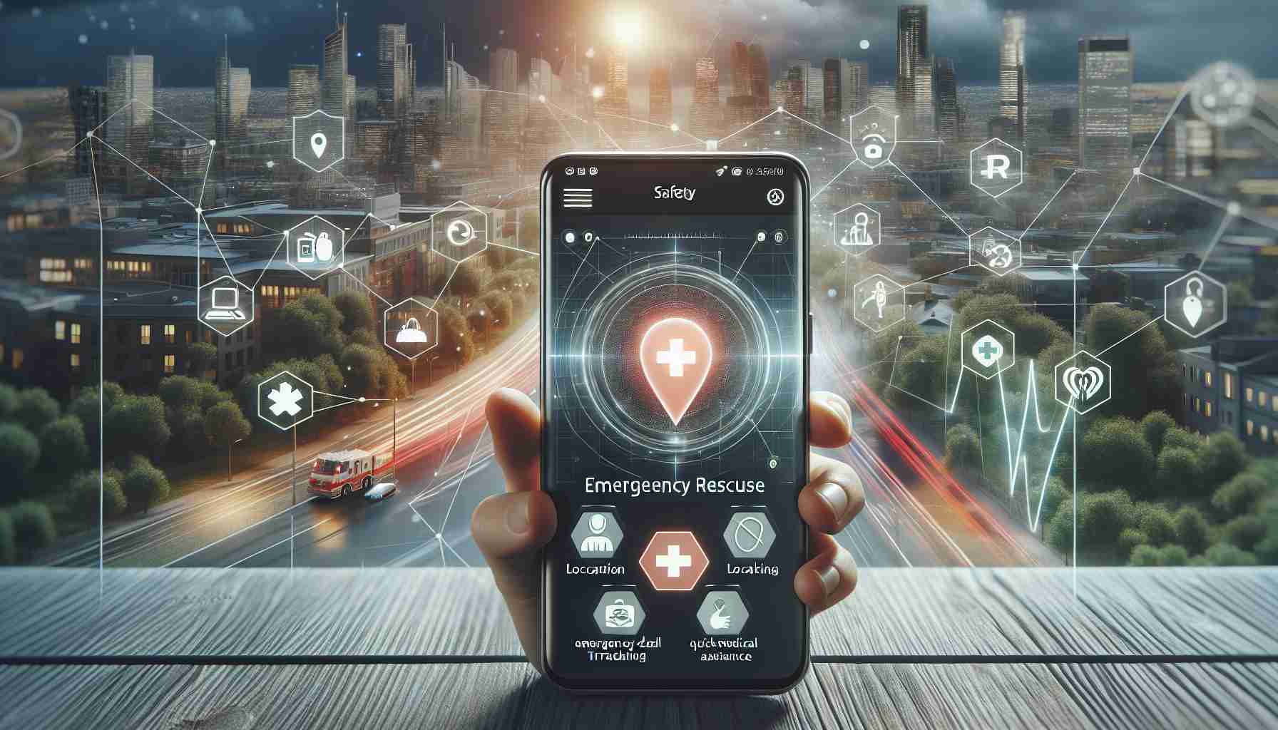 Create a high-definition, realistic image showcasing the concept of enhanced safety using a smartphone emergency rescue feature. The scene could include a smartphone screen displaying a unique emergency rescue application, with various functionalities like emergency call button, location tracking, and quick medical assistance. The surroundings might highlight a safe environment with digitally enhanced security measures, perhaps in an urban setting with subtle signs of technology integration for safety.