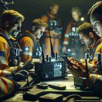 Render a realistic HD photo that portrays the theme of staying connected in emergency situations and how technology saves lives. The image should feature a multi-racial group of certified lifesavers, equipment operators in urgent situations, using high-tech communication devices such as radios, satellite phones, and drones. Their faces could express concentration, determination, and cooperation. The scene should take place under dim light, with an urgent atmosphere. It could include some visual elements to indicate the emergency, such as first-aid symbols, flashing lights, or maps with marked locations.