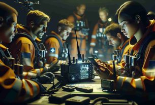 Render a realistic HD photo that portrays the theme of staying connected in emergency situations and how technology saves lives. The image should feature a multi-racial group of certified lifesavers, equipment operators in urgent situations, using high-tech communication devices such as radios, satellite phones, and drones. Their faces could express concentration, determination, and cooperation. The scene should take place under dim light, with an urgent atmosphere. It could include some visual elements to indicate the emergency, such as first-aid symbols, flashing lights, or maps with marked locations.