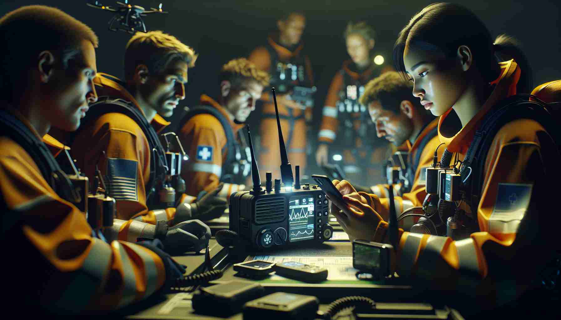 Render a realistic HD photo that portrays the theme of staying connected in emergency situations and how technology saves lives. The image should feature a multi-racial group of certified lifesavers, equipment operators in urgent situations, using high-tech communication devices such as radios, satellite phones, and drones. Their faces could express concentration, determination, and cooperation. The scene should take place under dim light, with an urgent atmosphere. It could include some visual elements to indicate the emergency, such as first-aid symbols, flashing lights, or maps with marked locations.