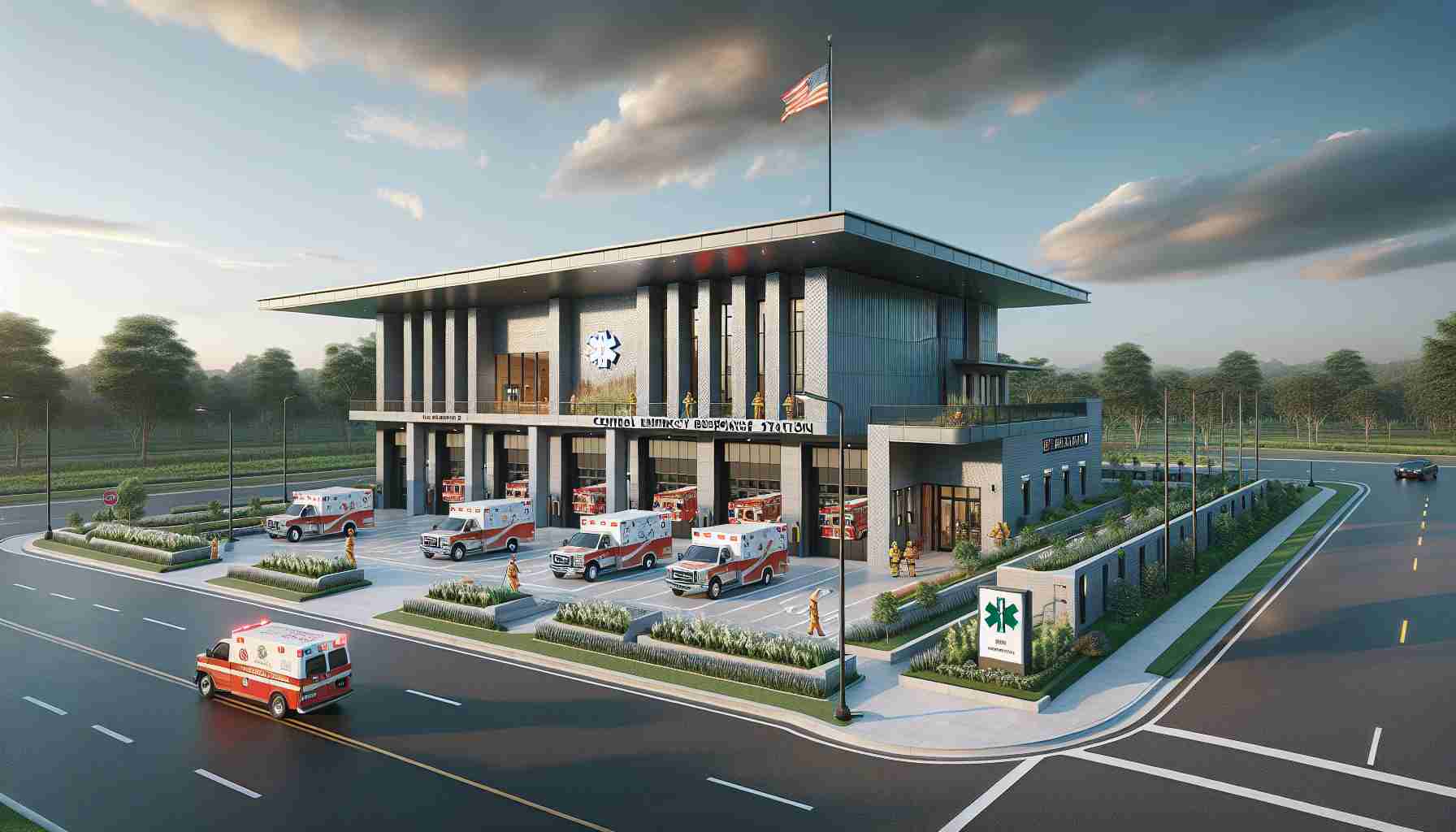 Create a high-definition, realistic image of newly constructed Central Emergency Response Station. The station is made of modern architecture, incorporating sleek lines and responsive design, with beautifully landscaped surroundings demonstrating a commitment to enhancing community safety. The station houses state-of-the-art equipment for fire fighting, emergency medical services, and disaster response. The front of the station should be clearly visible, with ambulances and fire trucks parked in a ready position. The station logo is prominently displayed over the main entrance, with a flag fluttering above it. A signboard near the entrance indicates the services provided by the station.