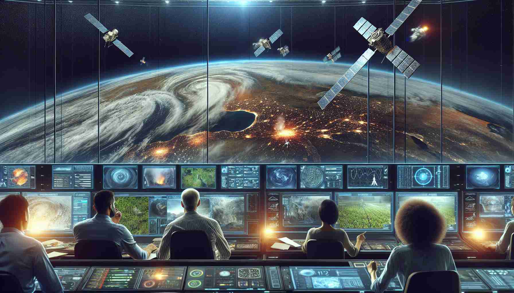 Generate a realistic HD image of a Space Intelligence Program assisting in disaster relief efforts. Include the view of Earth from space with visible landmarks in distress such as flooded cities or forest fires. Also incorporate satellites orbiting the Earth, capturing images and data. On the screens in an advanced control room, diverse team of scientists and engineers, including a Caucasian man, a Hispanic woman, a Black woman, and a Middle-Eastern man are hard at work, monitoring the directories and coordinating rescue efforts.