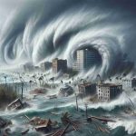 Create a realistic HD image depicting the aftermath of a destructive hurricane having struck eastern shores. It should show the overwhelming strength of nature, with heavy rainfall, turbulent ocean waves, fallen trees, and devastated buildings. The hurricane should be named Oscar and the name should be menacingly swirling in the sky above the chaos.