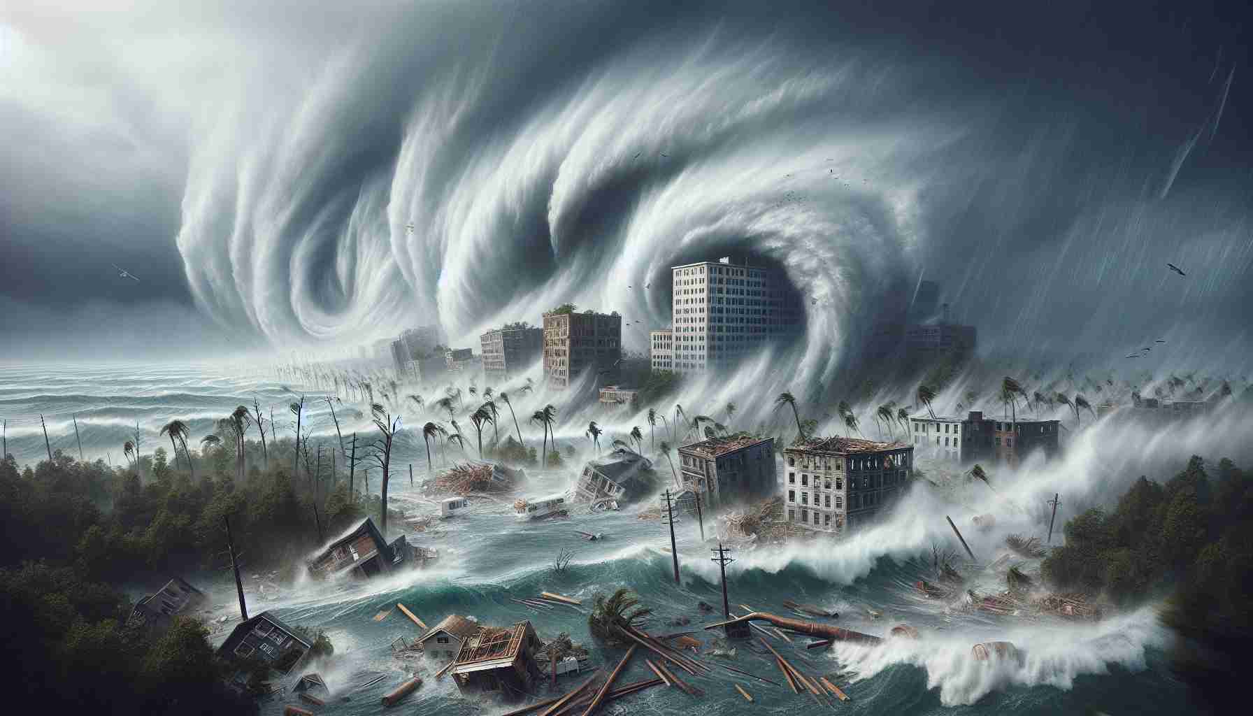 Create a realistic HD image depicting the aftermath of a destructive hurricane having struck eastern shores. It should show the overwhelming strength of nature, with heavy rainfall, turbulent ocean waves, fallen trees, and devastated buildings. The hurricane should be named Oscar and the name should be menacingly swirling in the sky above the chaos.