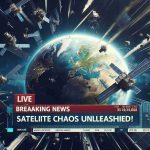 Generate a realistic, high-definition image showing a breaking news headline that reads 'Satellite Chaos Unleashed!', with visuals of various satellites flying out of control against the backdrop of Earth seen from space. The news broadcast frame should include typical elements like 'Live' tag, news channel logo, and scrolling news ticker at the bottom.