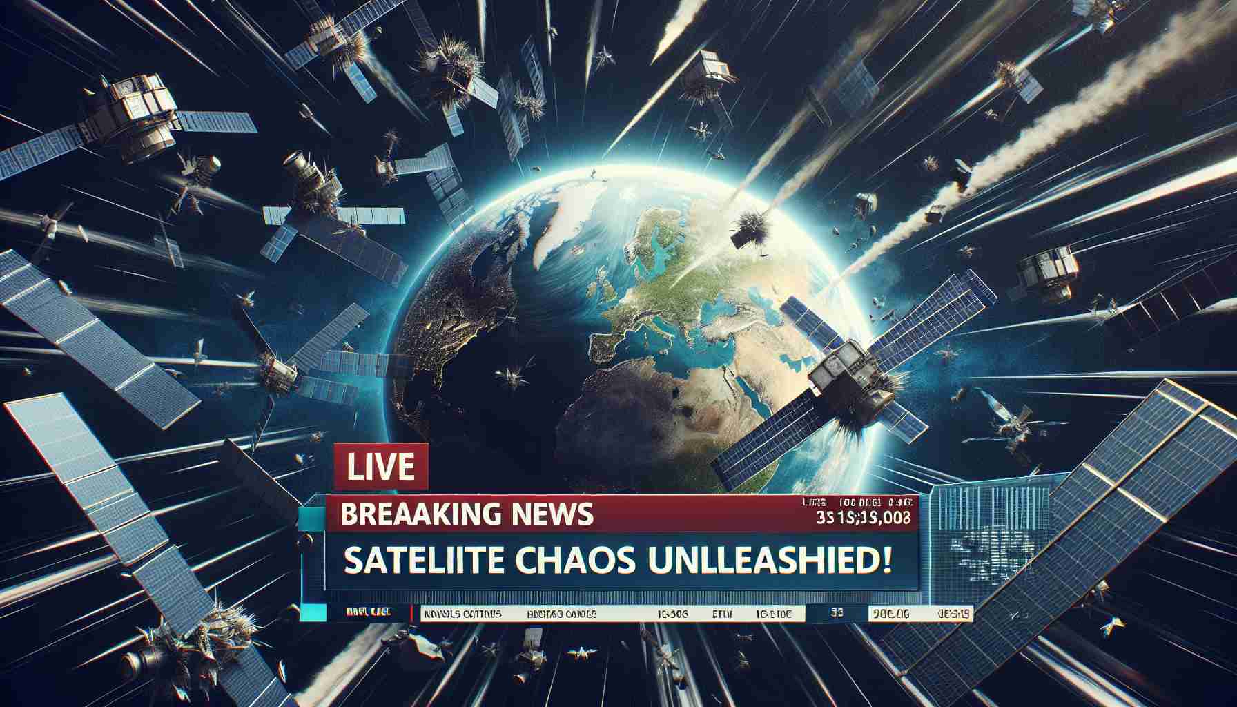 Generate a realistic, high-definition image showing a breaking news headline that reads 'Satellite Chaos Unleashed!', with visuals of various satellites flying out of control against the backdrop of Earth seen from space. The news broadcast frame should include typical elements like 'Live' tag, news channel logo, and scrolling news ticker at the bottom.