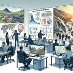 A detailed illustration of advanced landslide prediction methods showcasing promise in disaster mitigation. The scene includes engineers of various descents and genders studying geographic models on high-resolution monitors. On one monitor, a topographic map indicating potential landslide zones is visible. Flowcharts and diagrams explaining the methods and calculations are drawn on the whiteboard. In the background, there are scenes of Disaster Management Teams performing drills based on these predictions, working towards safety measures and rescue plans.