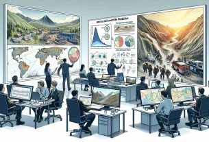 A detailed illustration of advanced landslide prediction methods showcasing promise in disaster mitigation. The scene includes engineers of various descents and genders studying geographic models on high-resolution monitors. On one monitor, a topographic map indicating potential landslide zones is visible. Flowcharts and diagrams explaining the methods and calculations are drawn on the whiteboard. In the background, there are scenes of Disaster Management Teams performing drills based on these predictions, working towards safety measures and rescue plans.