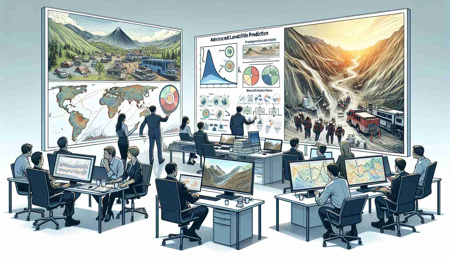 A detailed illustration of advanced landslide prediction methods showcasing promise in disaster mitigation. The scene includes engineers of various descents and genders studying geographic models on high-resolution monitors. On one monitor, a topographic map indicating potential landslide zones is visible. Flowcharts and diagrams explaining the methods and calculations are drawn on the whiteboard. In the background, there are scenes of Disaster Management Teams performing drills based on these predictions, working towards safety measures and rescue plans.