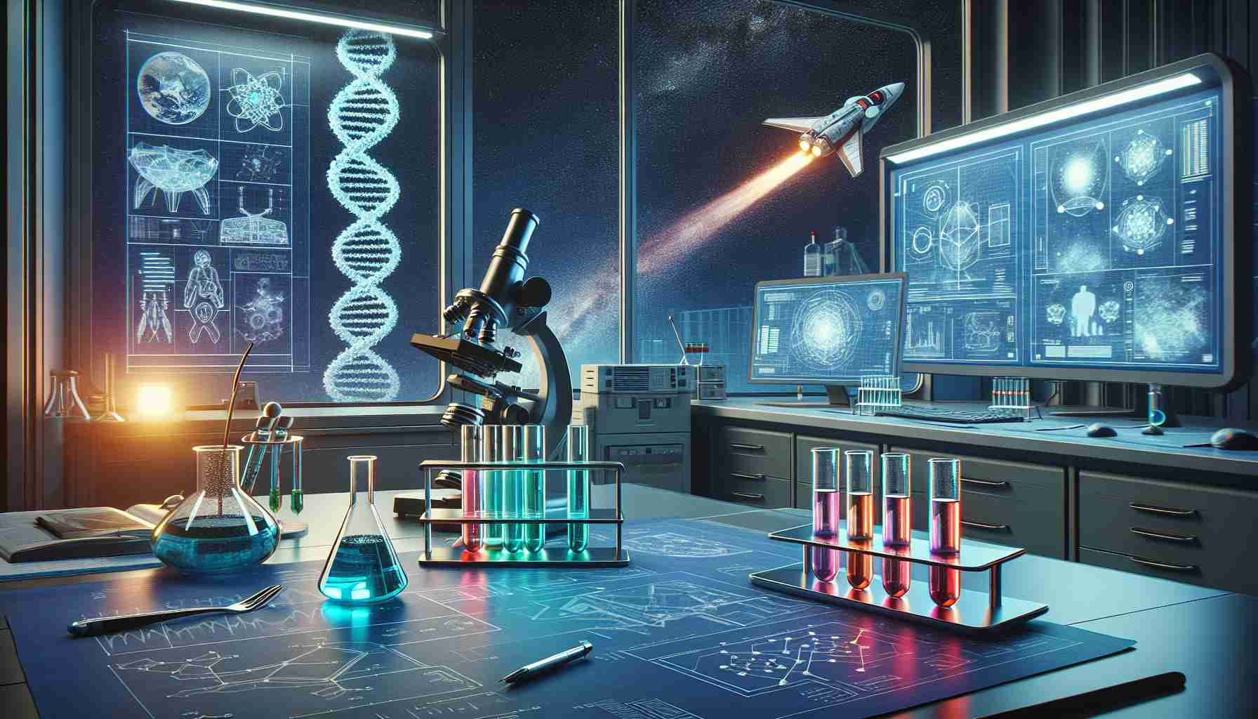 Render a high definition, realistic image that symbolizes 'Innovations Across Science and Discovery'. The scene should include a laboratory setting with advanced equipment like a microscope, computer panels showing complex algorithms, a DNA helix model to signify genetic research, and test tubes filled with brightly colored solutions. Outside the window, show a spaceship taking off into the dark night sky, symbolizing space exploration. On the lab bench, depict blueprints for engineering innovations like bridges and machines. This is to convey the idea of diverse scientific advancements and the spirit of exploration.