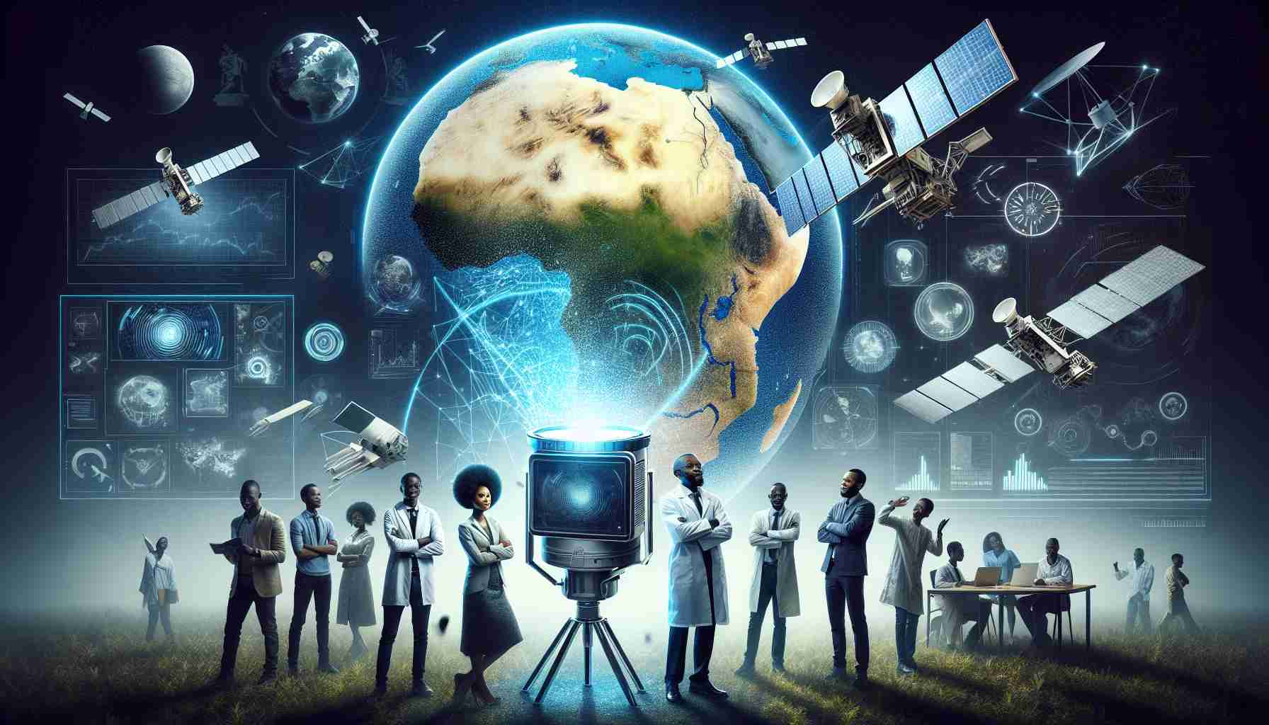 Create a high-definition, realistic image that depicts the revolution in Earth observation taking place in Africa. The image includes an innovative piece of technology designed for this purpose being unveiled. Around the technology, there are African scientists of various descents - Black, North African, and Afro-Caribbean - both men and women showcasing the device. The background is a map of Africa to highlight the continent-wide impact of this technology. Additionally, there are visual elements indicating technological advancement, such as satellite signals, digital screens, and futuristic tech designs. Excitement and anticipation fill the atmosphere as this game-changer enters the realm of Earth observation.