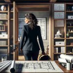 A high-definition, realistic image of a newly appointed chief architect, an Hispanic woman in her mid-forties, stepping into her office. The office is filled with blueprints spread across her desk, architectural models on the shelves, and framed blueprints on the walls. She wears a professional black suit and carries a helmet under her arm. The anticipation and excitement of her first day are clearly visible on her face as she takes her first step into this new phase of her career.