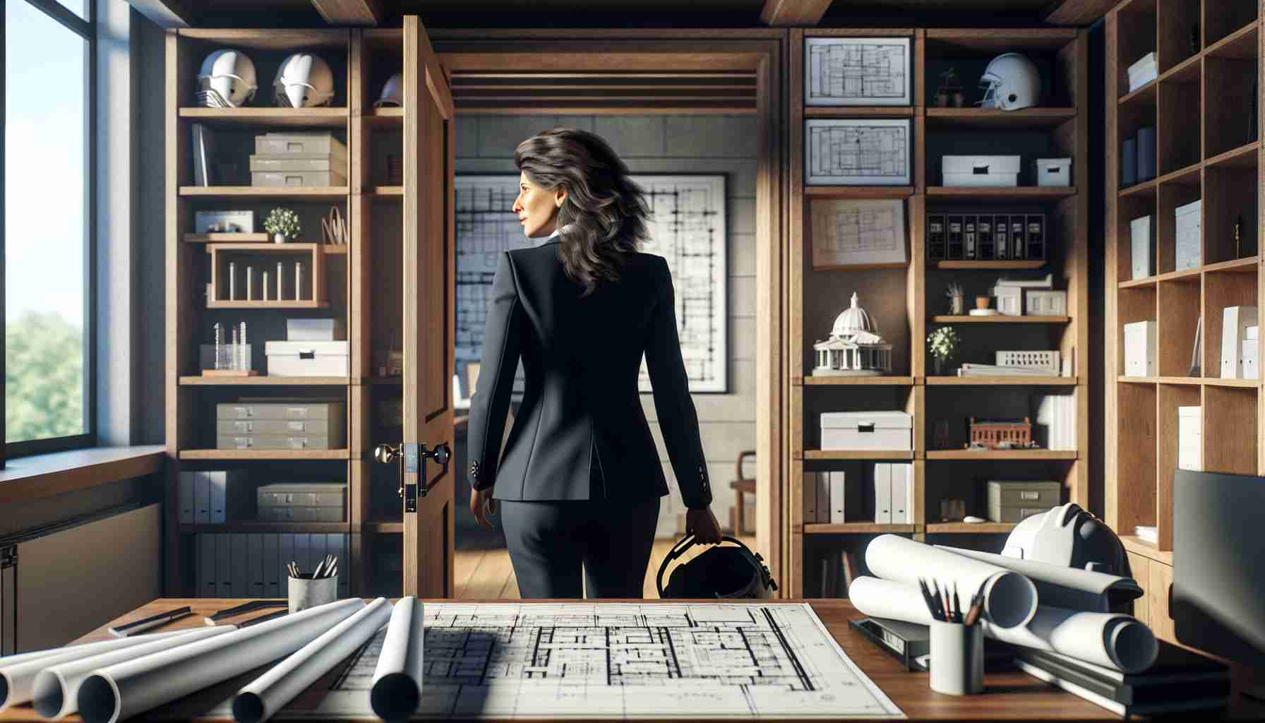 A high-definition, realistic image of a newly appointed chief architect, an Hispanic woman in her mid-forties, stepping into her office. The office is filled with blueprints spread across her desk, architectural models on the shelves, and framed blueprints on the walls. She wears a professional black suit and carries a helmet under her arm. The anticipation and excitement of her first day are clearly visible on her face as she takes her first step into this new phase of her career.