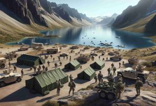 High-definition realistic image of a general military expansion near a serene high-altitude lake, with personnel and equipment carefully positioned. The landscape features rugged mountains in the background and the calm, deep-blue waters of the lake in the foreground. Green tents are scattered along the shores, and vehicles are parked nearby. Military personnel, including both men and women of various descents such as Hispanic, Caucasian, and Middle-Eastern, are seen maintaining a disciplined presence, wearing their uniforms and carrying out various duties.