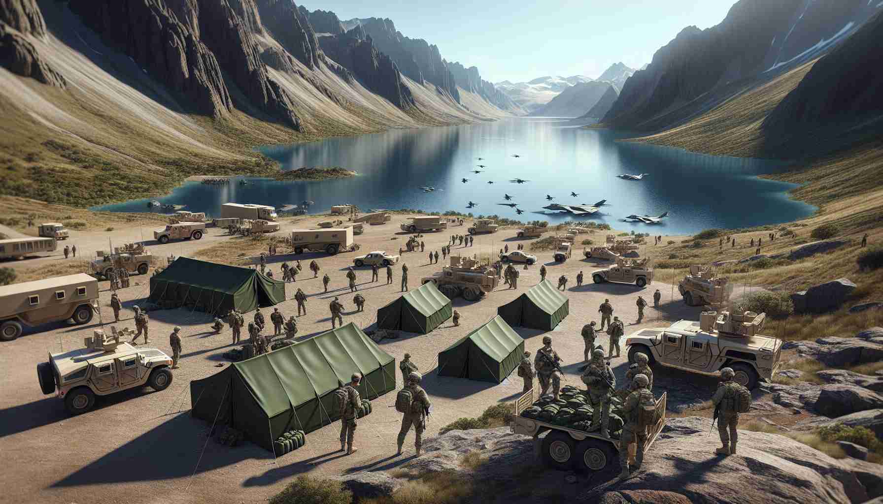 High-definition realistic image of a general military expansion near a serene high-altitude lake, with personnel and equipment carefully positioned. The landscape features rugged mountains in the background and the calm, deep-blue waters of the lake in the foreground. Green tents are scattered along the shores, and vehicles are parked nearby. Military personnel, including both men and women of various descents such as Hispanic, Caucasian, and Middle-Eastern, are seen maintaining a disciplined presence, wearing their uniforms and carrying out various duties.