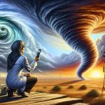 A detailed dynamic scene depicting a final tribute to a storm-chaser scientist. In the foreground, there should be a female Middle-Eastern scientist holding a weather device, looking intensely at a swirling storm on the horizon, conveying a sense of awe and respect. The background would consist of ominous, dramatic clouds forming a twister, symbolizing the passion and dedication of the storm-chaser. The setting is a vast plain, representing the typical environment where storms are chased. Prominent are the vivid and ferocious colours of the storm against a dimming, melancholy sunset.